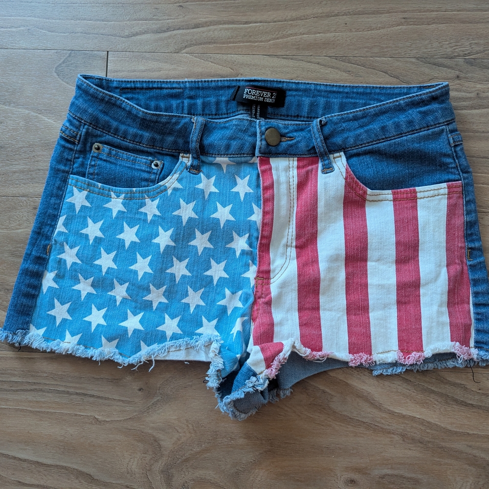 Forever 21 Blue and Red Jean Shorts with Patriotic Design